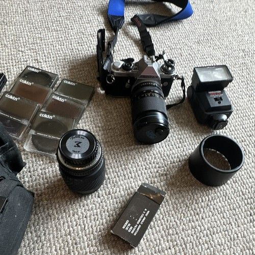 PENTAX ME Super - Black SLR Film Camera with Lens, Flash and Accessories