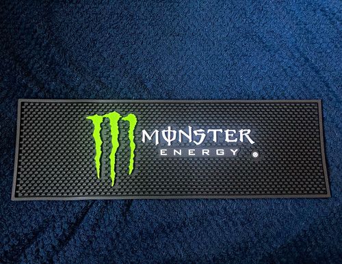 Monster Energy Rubber Bar Mat Runner Black Green White Logo Drip Spill