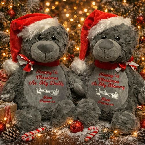 Personalised Christmas Grey Teddy Bear, baby gift, 1st xmas , kids