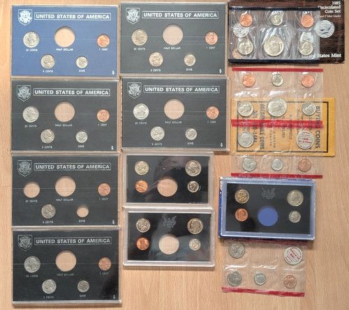 Job lot of USA part year coin sets 1964 - 1985 (No silver) Proof & Unc, 56 coins