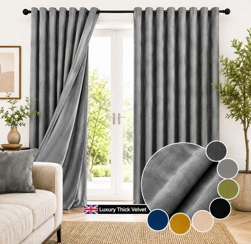 Thick Heavy Velvet Curtains PAIR of Eyelet Ring Top Fully Lined Ready Made 
