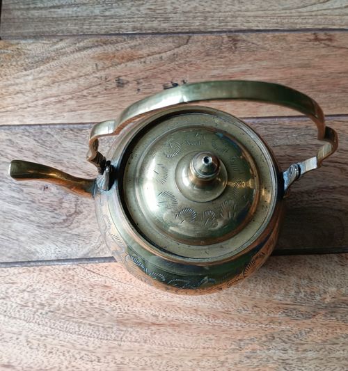 Brass Decorative Ornament Kettle Tea Pot With Hinged Handle & Ring Shaped Stand — image 21
