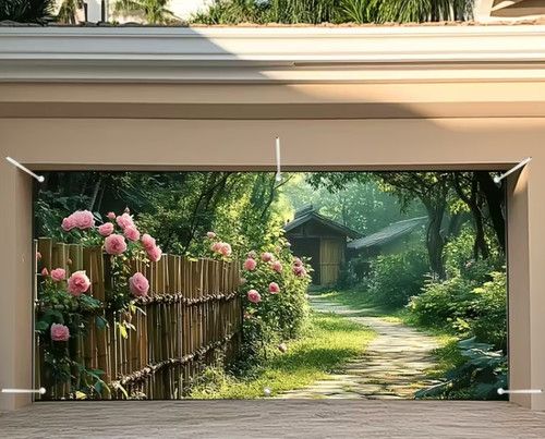 Rusic Garden Path Yard Garage Workshop Garage Door Banner Fabric Backdrop XS