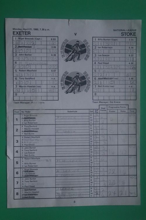 Exeter Falcons Speedway v Stoke 1980 Signed by seven Boocock Hewlett Maxfield + — image 1