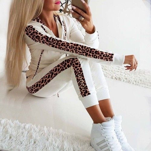 2PCs Womens Leopard Print Tracksuit Hoodies Top Pants Set Casual Suits PLUS SIZE