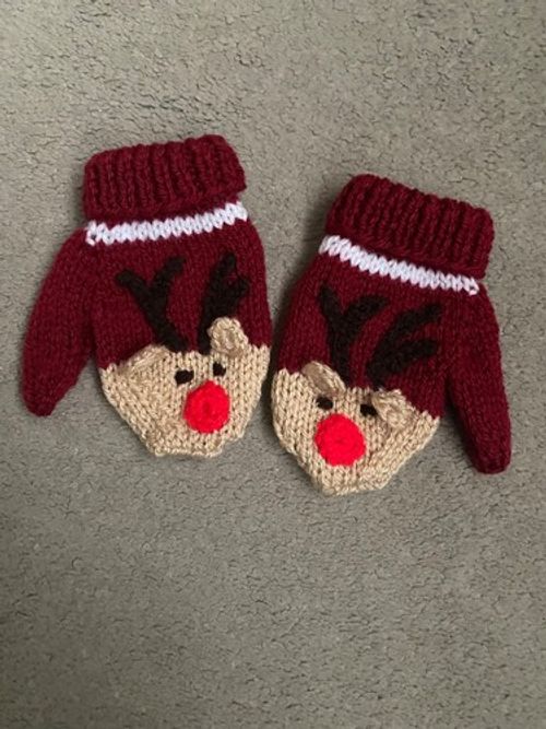 Hand knitted reindeer mittens to fit 12/18 months baby