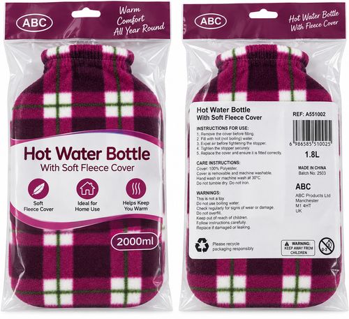 Hot Water Bottle with Tartan Fleece Cover Reusable Winter Bed Warmer Heat Bag — image 8