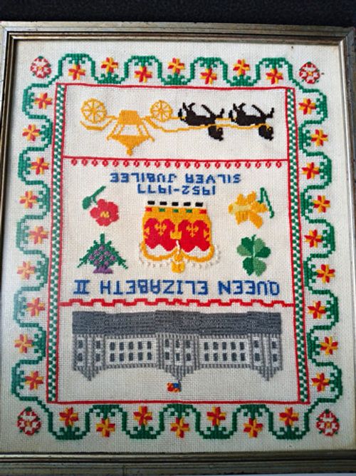 Queen Elizabeth II Silver Jubilee 1977 Vintage Framed Cross Stitch Royal