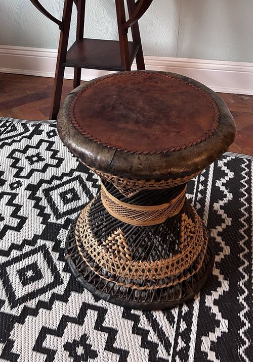 Vintage Drum Shaped Rattan Stool with Leather Seat  Hippy Boho 1970’s — image 2