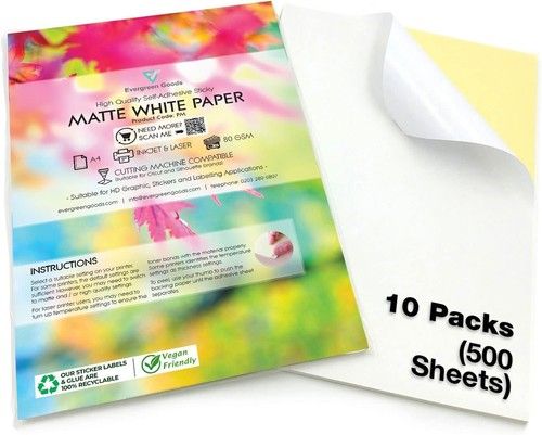 EVG 500 Sheets A4 White Matte Self Adhesive Sticker Paper | Inkjet & Laser