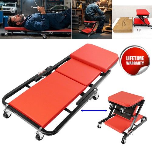 2 IN 1 MECHANICS PADDED CREEPER TROLLEY SEAT CAR GARAGE WORK STOOL 360° 6 WHEELS
