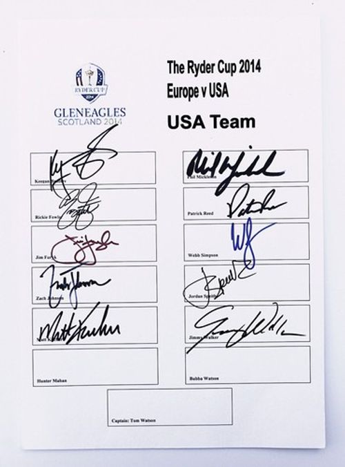 2014 USA RYDER CUP TEAM SHEET  SIGNED BY 10 OF THE PLAYERS