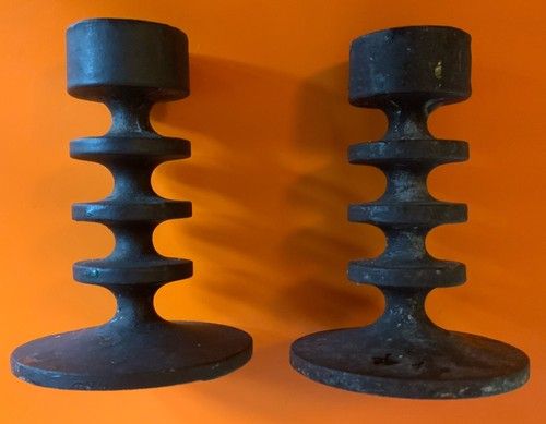 Cast iron candlesticks, Robert Welch 1960s Design Centre, Chipping Camden labels