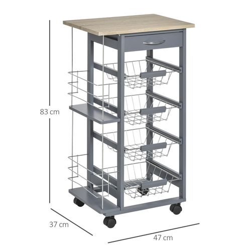Kitchen Island Trolley w/ 4 Baskets 2 Side Racks Drawer Dark Grey — image 3