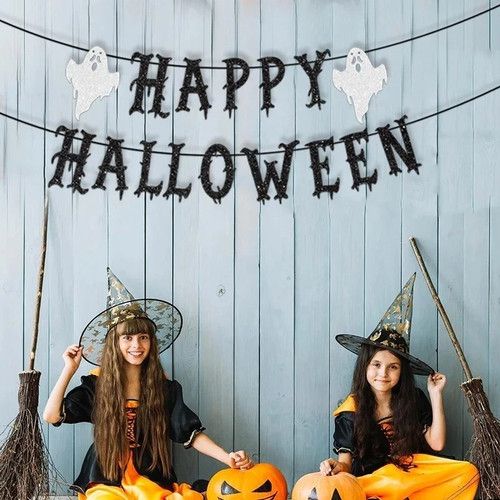 Happy Halloween Banner Black Halloween Party Decoration Hanging Background Decor