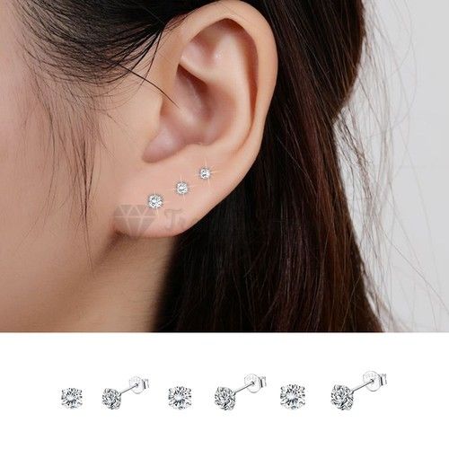925 Sterling Silver Stud Earrings 3 Pair Set Cubic Zirconia 2mm-8mm