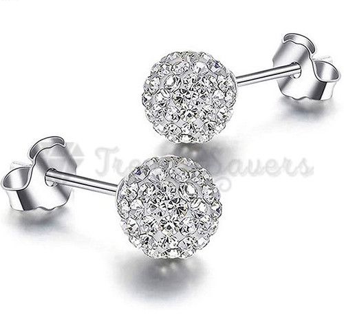 Hypoallergenic 8MM CZ Crystals Shamballa Ball Stud 925 Sterling Silver Earrings