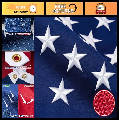 Heavy Duty 3x5 FT American Flag - TearProof Spun Polyester, Embroidered Stars, G — image 1