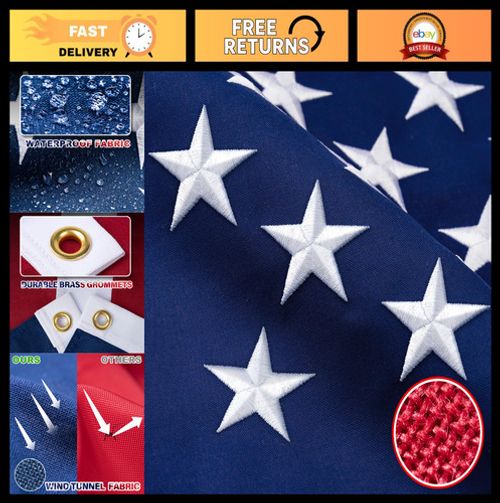 Heavy Duty 3x5 FT American Flag - TearProof Spun Polyester, Embroidered Stars, G