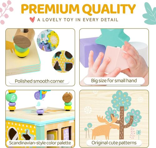 Wooden Activity Cube Toy 5 in 1 Bead Maze Shape Sorter Montessori Educational — image 3