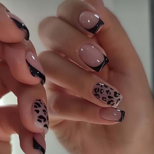 24PCS Black French Tip Press On Nails Short Square Nude Leopard Accent Design