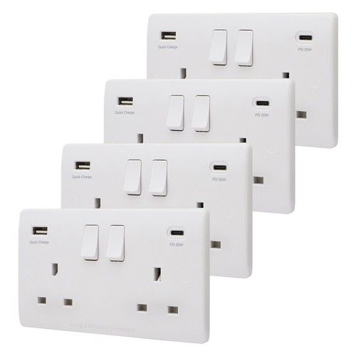 Double Wall Plug Socket 2 Gang 13A with USB C PD20W & Quick Charge White USBW3PD