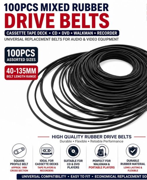 100pcs 40-135mm Mixed Rubber Drive Belts for Cassette Tape Deck CD DVD Player