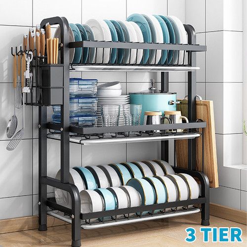 3 TIER DISH DRAINER RACK WITH DRIP TRAY CUTLERY HOLDER PLATE RACK KITCHEN SINK