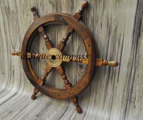 18"Nautical Wooden Ship Steering Wheel Pirate Decor Wood Brass Fishing Wall Boat