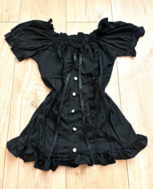 Fatal Frame Goth Doll Off-the-Shoulder Blouse, Short Puff Sleeve, Ruffle Lace