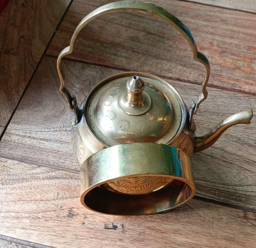 Brass Decorative Ornament Kettle Tea Pot With Hinged Handle & Ring Shaped Stand — image 3