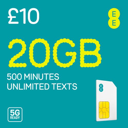 EE Sim Card Pack 20GB Data Unlimited SMS Standard Micro Nano 30 day bundle