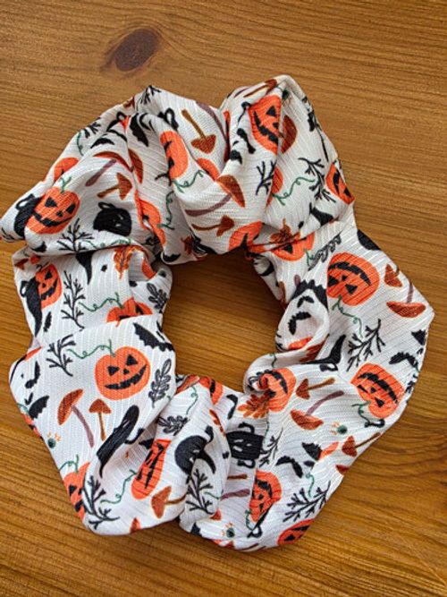 Halloween Pumpkin Print Fabric Elastic Hair Scrunchie - White Orange Black