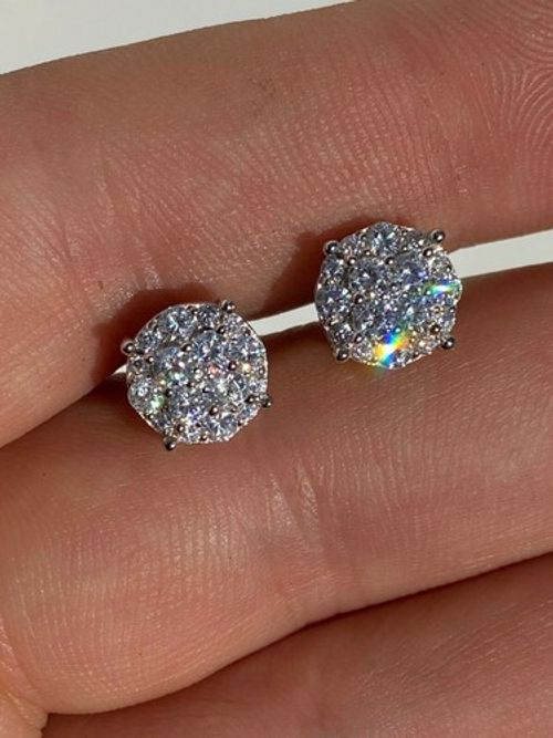Real Solid 925 Silver Iced Simulated Diamonds Earrings 1/3" Cluster Round Studs