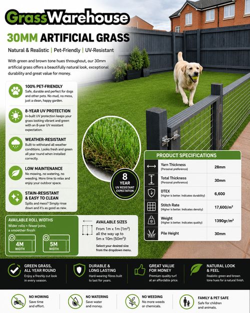 Artificial Grass 30mm | Realistic Pet-Friendly Fake Grass Lawn Astro Turf Roll — image 2