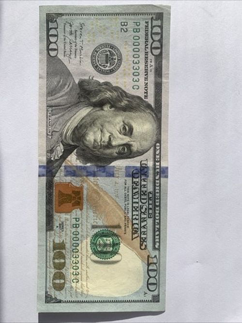 2017  A One Hundred Dollar $100 Low Serial Number PB 00003303 C Rare Find 