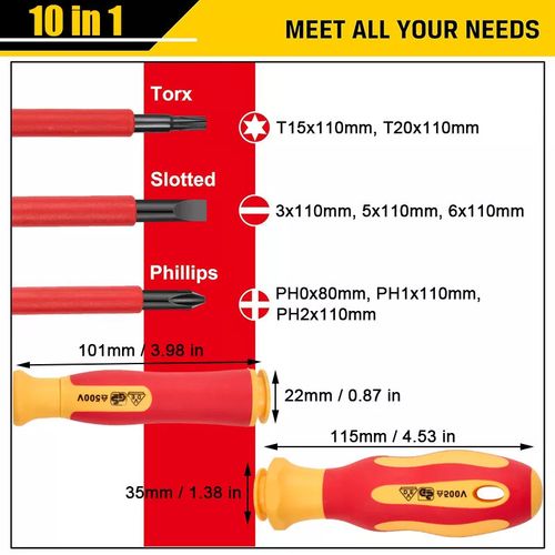 10 Piece VDE Insulated Electrician Interchangeable head Screwdriver Set & Pouch — image 11