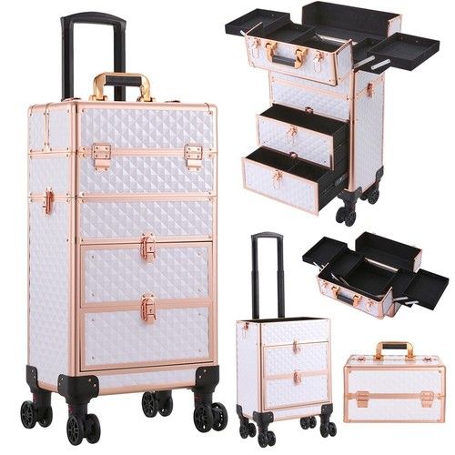 4 in 1 Makeup Trolley Case Vanity Cosmetic Hairdressing 2 Drawer Case on Wheels