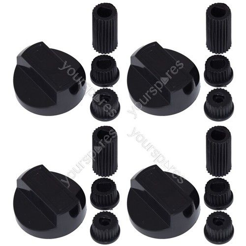 4 X Fully Universal Cooker Oven Hob Black Control Knobs With Adaptors