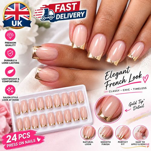 24Pcs Short Square False Nails French Fake Tips Press On Full Cover Nails