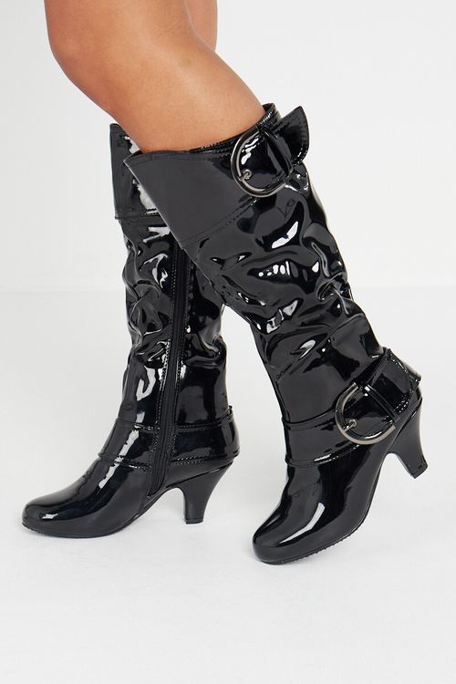 WOMENS LADIES MID HEEL WINTER TWIN BUCKLE ZIP CALF KNEE RIDING SHOES BOOTS SIZE — image 1