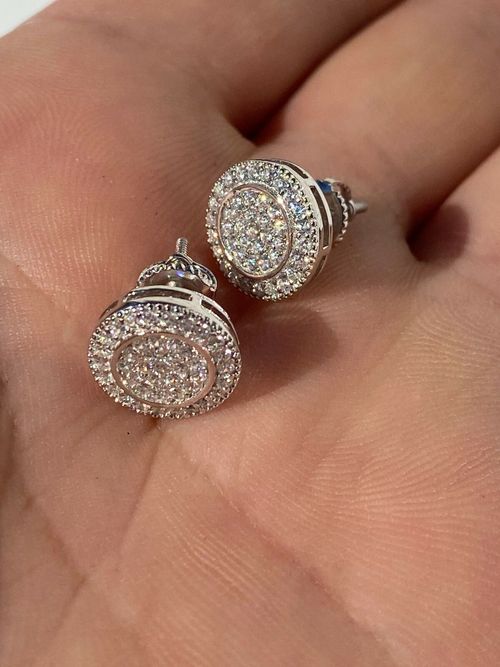 Real Solid 925 Silver Simulated Diamonds Men's Earrings Large Studs Screw Backs — image 1