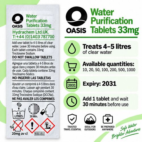 OASIS Water Purification Tablets Camping Travel Emergency 8.5mg 33mg 67mg 167mg