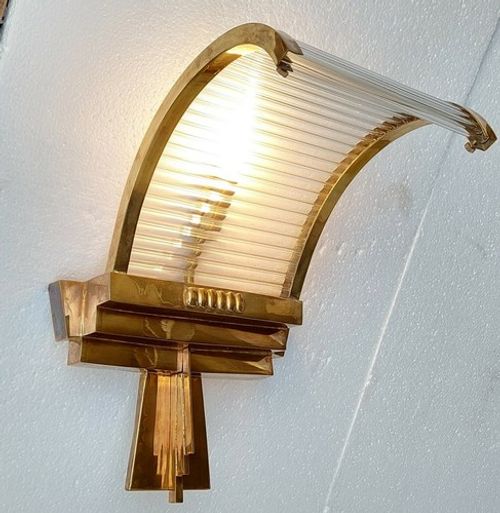 Vintage Old Antique Art Deco Brass & Glass Rod Ship Light Wall Sconces Lamp