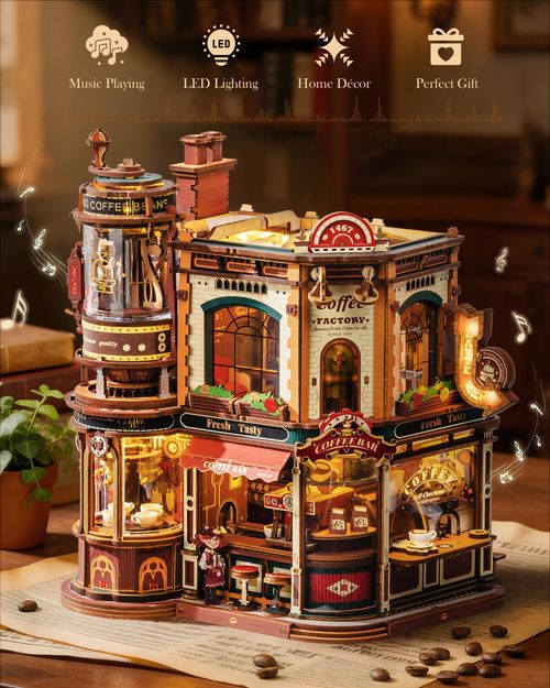 ROKR Dream Coffee Factory 3D Puzzle Building Toys Music Box Wooden Kids Gift — image 5