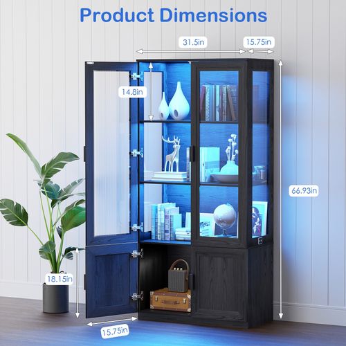 67" Farmhouse Display Cabinet with Glass Doors, Storage & 3-Color Lights — image 1