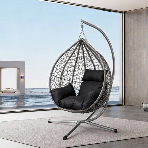 Hanging Egg Chair with Stand & Cushion Rattan Wicker Swing Hammock for Garden