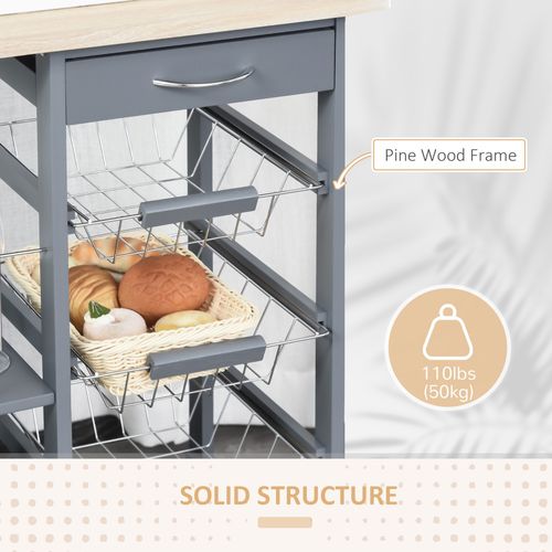 Kitchen Island Trolley w/ 4 Baskets 2 Side Racks Drawer Dark Grey — image 6