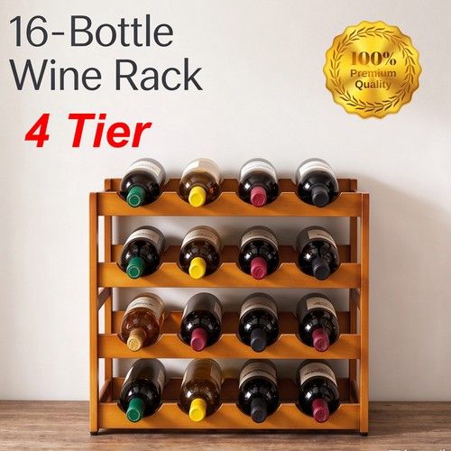 Dayplus Free Standing Wine Rack 16 Bottle Holders, Bamboo Display Shelf, Brown
