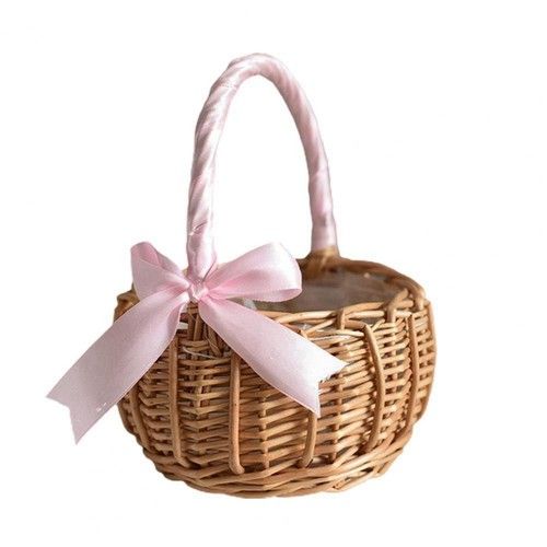 1xRattan Storage Basket Wicker Flower Pot Bow Decor Picnic Baskets Flower Basket